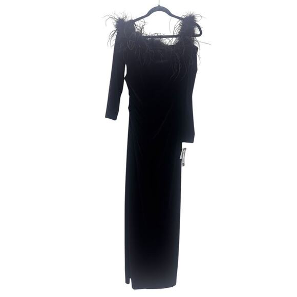 Xscape Feather Trim Off the Shoulder Long Sleeve Scuba Velvet Gown Size 12 NWT - Picture 6 of 12
